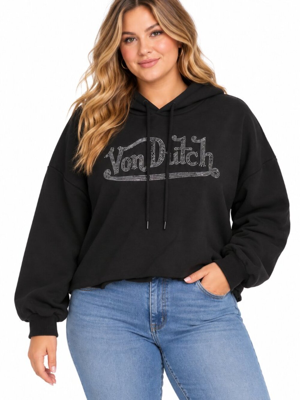 Von Dutch Rhinestone Logo Cropped Hoodie Black XL NWT Y2K Raw Hem Oversized